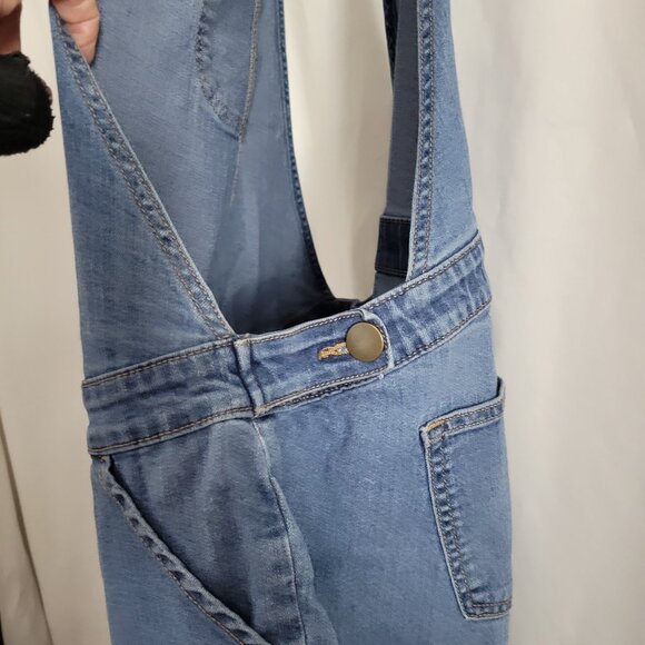 A Glow Maternity Straight Leg Bib Overalls Denim Jeans Blue Distressed Large Adj - Picture 8 of 14